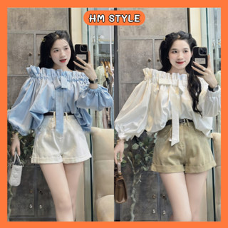 Áo trễ vai tay bồng đính nơ dáng bí phối viền bèo, áo hở vai nơ ngực bánh bèo chất thô hàn HA325