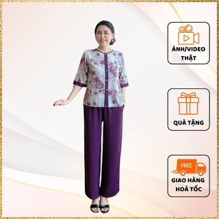 Set bộ trung niên cao cấp quần dài lụa Mango có túi mặc thoải mái, mặc nhà đi chơi đẹp