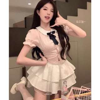 Set áo sơ mi trắng hồng có chiết eo tiểu thư CHANGSTORE - S95