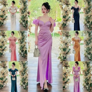 Đầm dạ hội thiết kế phi lụa trễ vai đính đá eo cao cấp tặng hoa tai TN