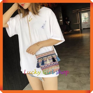 Túi cói bucket thổ cẩm đeo chéo đính tua rua phối dây xích thời trang sành điệu cho nàng xuống phố size 198cm