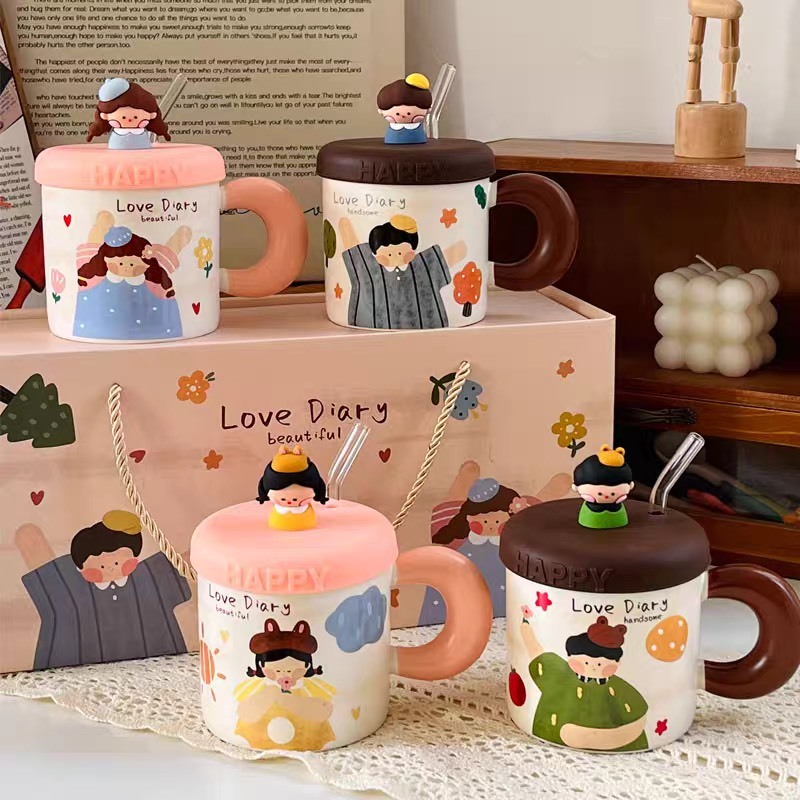 Cốc ghép đôi phong cách retro Tặng quà thật ý nghĩa uống nước cà phê kèm ống hút thủy tinh QLB
