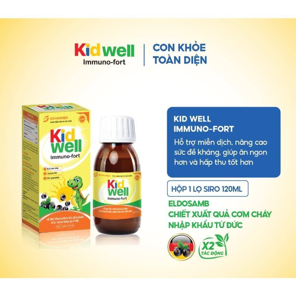 Siro ăn ngon cho bé Kid Well Immuno-Fort hộp 1 lọ 120ml  cho bé từ 2 tuổi