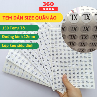 Tem dán size quần áo, Miếng dán size quần áo, Sticker dán size - 150 sticker/ 1 tờ - Suka 360