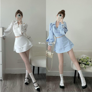 LINA set• áo sơ mi cổ v thắt eo phối nơ lưng kèm chân váy chữ A có quần bảo hộ