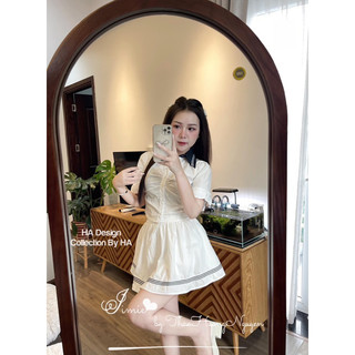 Set thô áo sơ mi phối cổ tay cộc nhún ngực kèm chân váy xoè cạp chun viền kẻ, hàng thiết kế (ảnh thật)