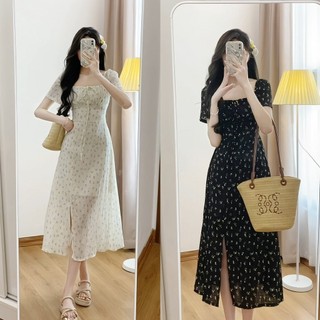 Váy cổ vuông hoa nhí nơ ngực xẻ tả dáng dài có chun sau CHANGSTORE - V263
