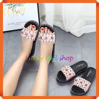 Dép Nữ PVC Quai Ngang Đính Hoa Mai Nạm Viên Bẹt Sang Chảnh Size 36-40 - Hàng Nhập Quảng Châu - Lucky Girl shop NHA TRANG
