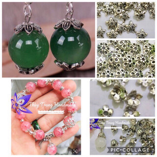 1 cặp (2 cái) charm bạc ốp hạt, mũ hoa, đế hoa trang trí hạt đá làm đồ trang sức handmade