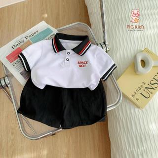  Set polo thêu chữ chất liệu cotton cá sấu phối cùng quần kaki trắng mềm có nắp túi năng động cho bé 9-25kg TB307
