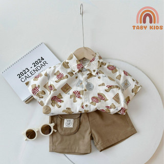  Set sơ mi họa tiết Teddy bear chất liệu thô mềm pối với quần kaki, đương mau tỉ mỉ dành cho bé 8-25KG 23B1450