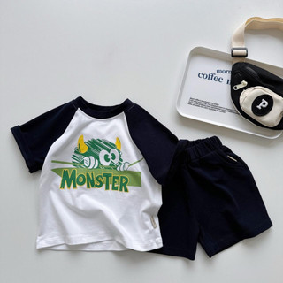  Set áo thun cộc tay hình thú Monster chất cotton mềm mại quần short lưng thun phối túi cho bé trai 9-30kg 24B026
