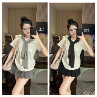Set 3 món áo thun giấy mix chân váy xếp ly kèm khăn choàng siêu xinh