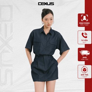 Set bộ denim nữ 𝐃𝐗 𝐃𝐄𝐗𝐔𝐒 áo sơmi cộc tay, váy a ngắn trẻ trung sandy set_dxa160040 + dxq160018