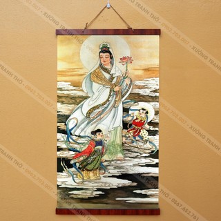 Tranh Bồ Tát Tiên Đồng Ngọc Nữ 30x60cm bằng vải phủ bóng cao cấp dày dặn