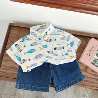  Set sơ mi họa tiết hình cá chất liệu áo vải thô mướt mịn phối quần bò mềm mịn cho bé 9-30kg 23B151