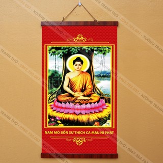 Tranh Phật Thích Ca Mâu Ni 30x60cm nẹp gỗ  treo tường bằng vải phủ bóng cao cấp dày dặn