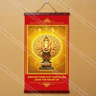 Tranh Thiên Thủ Thiên Nhãn 30x60cm nẹp gỗ  treo tường bằng vải phủ bóng cao cấp dày dặn