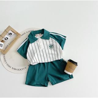  Set polo thể thao áo kẻ sọc có in logo rõ nét cá tính phối cùng quần short cùng set cho bé trai 9-25kg 0424B06
