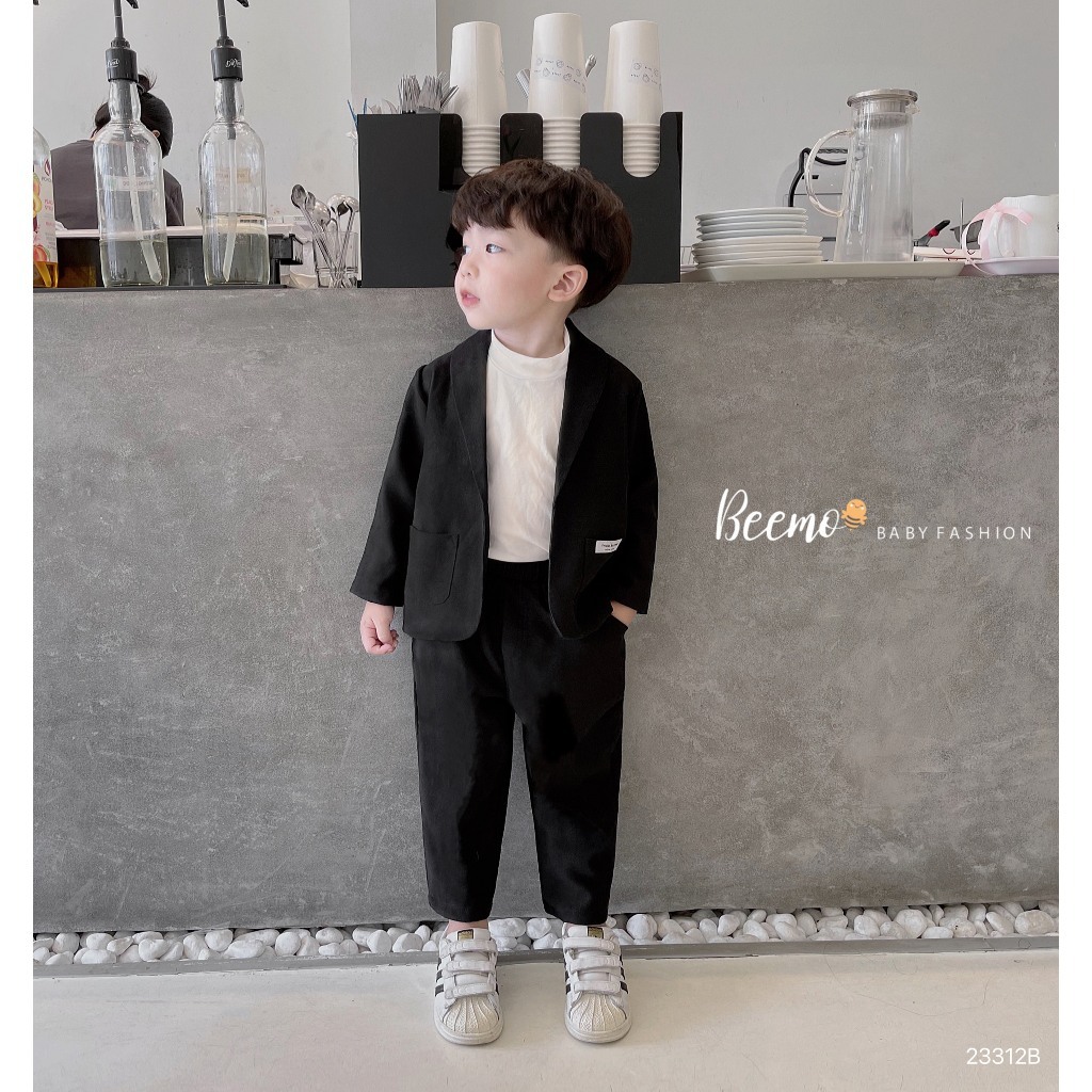 Beemo set bộ vest dài tay cho bé trai, in chữ sau lưng kèm áo giữ nhiệt, vải nhung chéo mềm mại, mặc sự kiện 23312B