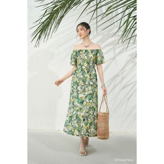 Đầm nữ OZ Design House DA07627SUM24 cotton dáng eo cổ vai chun in hoa lá nhiệt đới