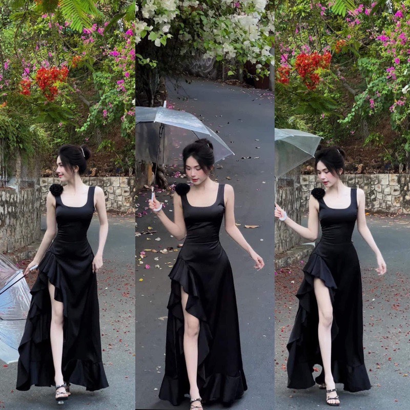 Y11 Đầm nữ xẻ tà dáng dài phối bèo đi kem tag hoa sang trọng xinh đẹp Akara Closet dành cho nữ