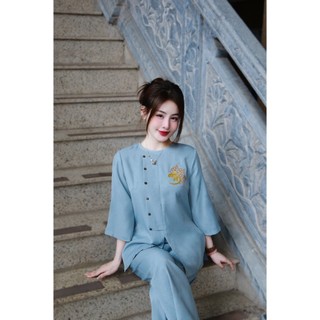 Pháp phục đi chùa, Bộ lam đi chùa chất liệu Đũi thêu An Bồ Đề,Trang phục truyền thống