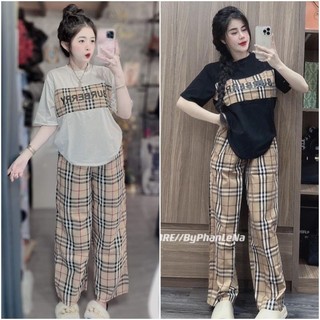 Sét bộ quần ống suông kẻ caro vàng bbr + mix áo phông form rộng phối kẻ caro chữ burberry