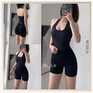 Đồ tập gym nữ bộ đồ tập yoga nữ croptop cổ yếm quần đùi thể thao nữ hersign-smixb19n12