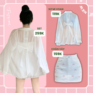 Set áo sơ mi voan mỏng kèm chân váy jean ngắn nơ coquette Saramia set đồ nữ đi biển