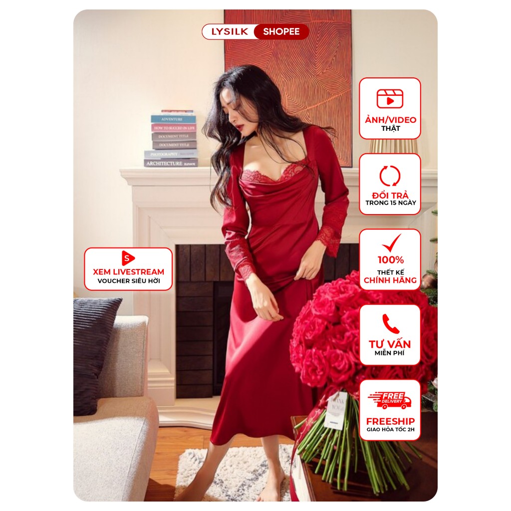 Váy Lụa 𝐋𝐘𝐒𝐈𝐋𝐊 Cổ Ren Váy Nữ Đầm Lụa Cao Cấp Đầm Lụa Màu Đỏ Phối Ren Đẹp  V31