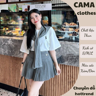 Set đồ nữ áo thom kèm chân váy xếp ly ngựa tặng kèm khăn Cama Cothes, đồ bộ nữ trẻ trung hot hit HCOM2453