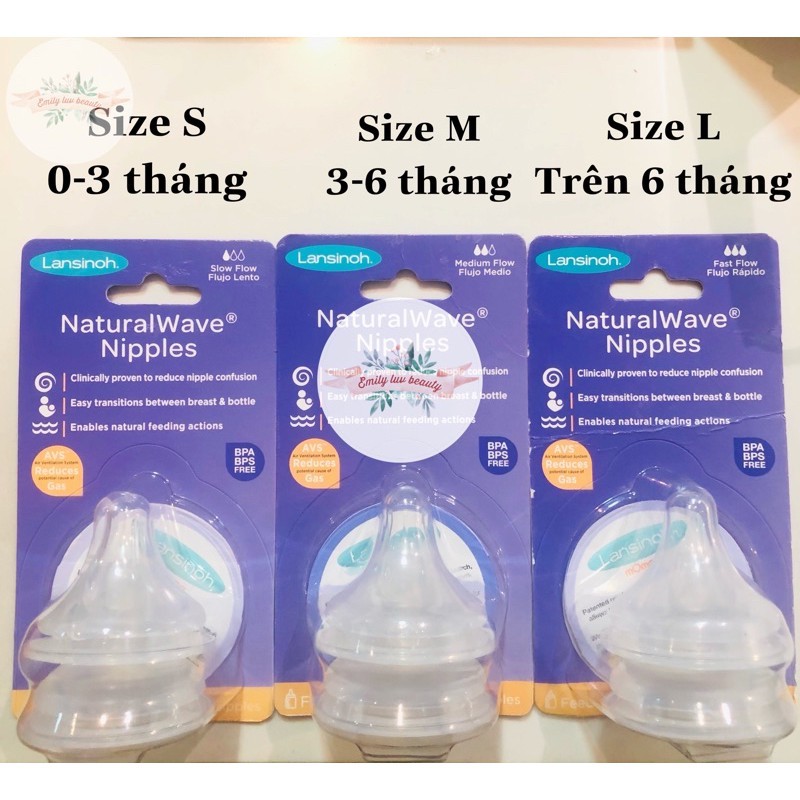 Núm ti thay thế bình sữa Lansinoh đủ size S/M/L