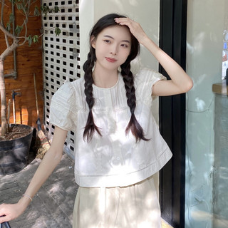 Sơ mi nữ kiểu tay ngắn bồng vintage trơn màu, áo sơ mi nữ thiết kế tay ngắn cổ tròn Hàn Quốc 1992