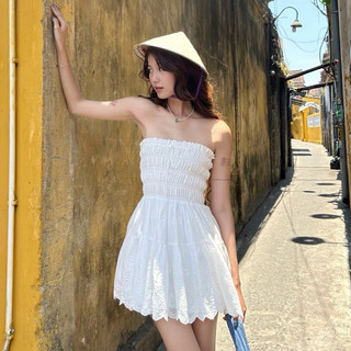 Đầm quây ren xô 3 tầng chun ngực thêu hoa nhún ngực đính nơ