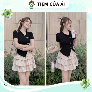 Áo kiểu viền bèo đính 3 ghim nơ tay ngắn dễ thương
