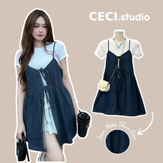 Set áo yếm hai dây ceci buộc nơ kèm áo phông trơn, chất liệu jean mềm, áo chất thun thoáng mát, set hè