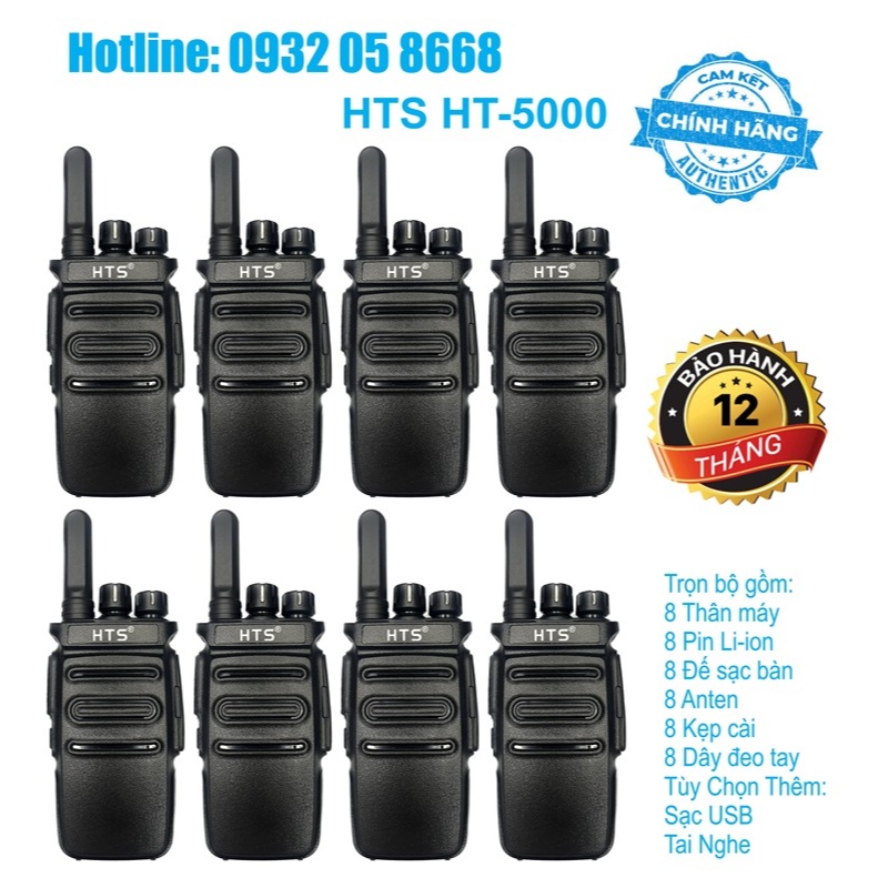 Bộ 8 Bộ đàm Mini HTS HT-5000 (Siêu bền, Hỗ trợ sạc Type-C, máy nhỏ gọn, cự ly liên lạc xa)