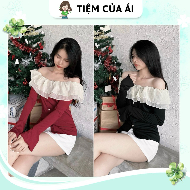 Áo kiểu trễ vai phối bèo tơ tay loe đính cúc phong cách Hàn Quốc tiểu thư