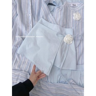 Set váy tiểu thư nữ, set áo sơ mi sọc xanh mix chân váy ngắn vạt chéo đính hoa thanh lịch mtb