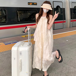 Váy maxi cổ yếm dáng dài tiểu thư, đầm maxi dáng suông thêu ren đi biển Hàn Quốc 9470