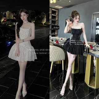 Váy tafta cup ngực pha ren đan dây dáng xoè, có gọng đứng form, hàng thiết kế
