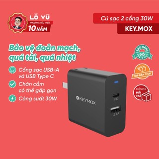Củ sạc 2 cổng 30w keymox ac238f20, bảo vệ đoản mạch, quá tải, quá áp,quá nhiệt