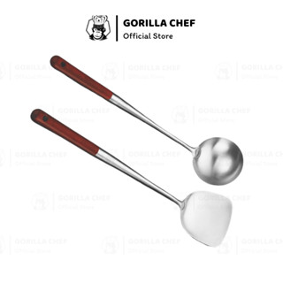  Vá inox xẻng inox cán gỗ dài 43cm loại dày GORILLA CHEF thân dài liền và chống nóng 