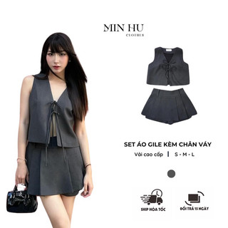 Set áo gile và chân váy xếp li minhu clothes