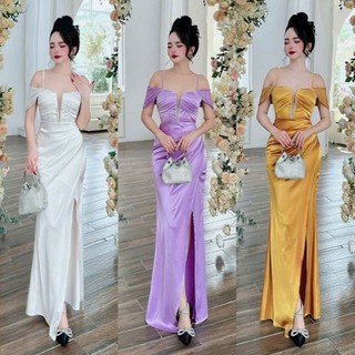 Đầm dạ hội thiết kế phi lụa rớt vai xẻ ngực cao cấp tặng hoa tai TN