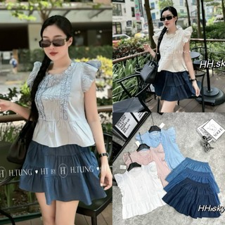 Sé Bộ Áo Babydoll Thô Khuy Bọc Nơ Cánh Tiên Chiết Ly Ngực Kèm Chân Váy Jean Tầng Bèo Size S M - Halinh Shop - Sét Bộ Nữ