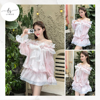   Rosie Dress  Váy tơ hoa trễ vai bèo nhún nơ ngực dáng bồng xinh yêu  Ảnh thậy by Lynsie  