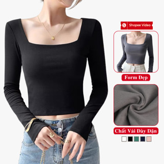 Áo Thun Cổ Vuông Nữ Tay Dài Madela Form Croptop Ôm Body. Áo Croptop Nữ Dài Tay Cổ Vuông