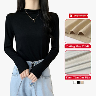 Áo Thun Nữ Tay Dài Cổ Cao Dáng Ôm Madela Thun Tăm Co Dãn Mềm Mịn, Áo Giữ Nhiệt Dài Tay Cổ Cao